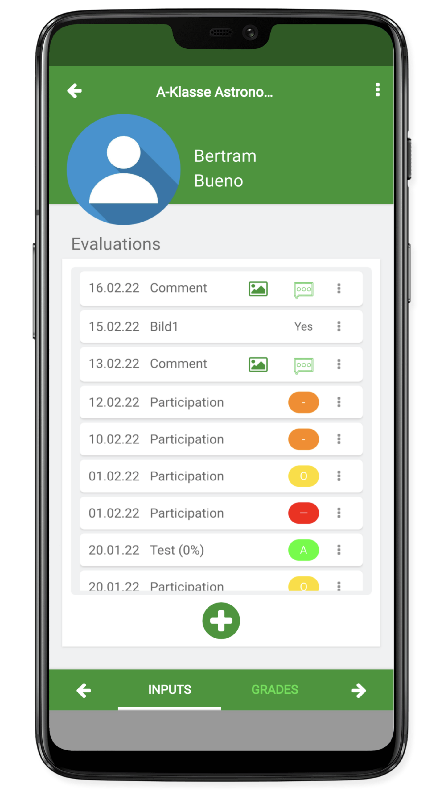 show the entries for a grade list in the student view